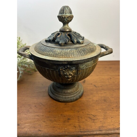 Vintage Brass Urn-Style Bowl Double Handle & Lid W/Lion Head Accents - Picture 3 of 11